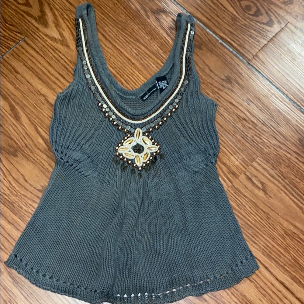 Beaded Knit Tank Top - Olive Green